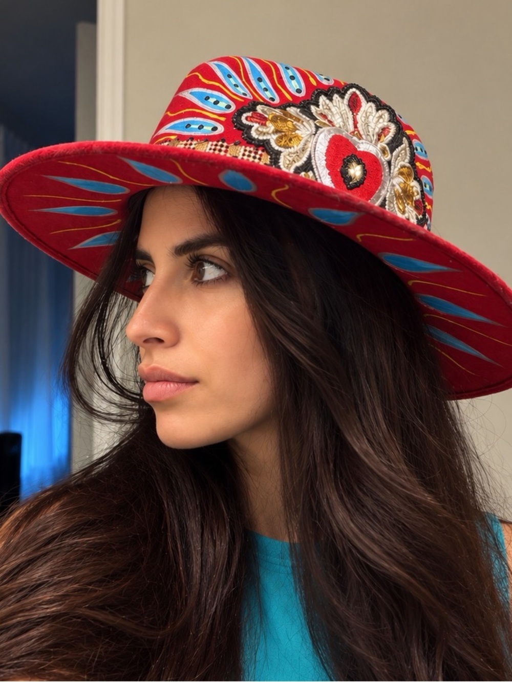 Hand-Embellished Red Women's Statement Hat with Gold Accents
